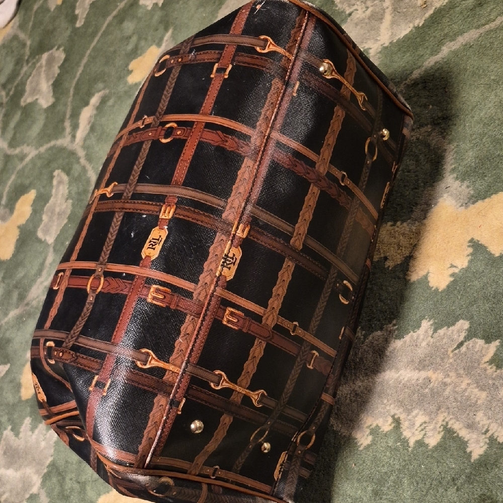 Ralph Lauren Black & Brown Patterned Leather-Trim Hobo Bag - Picture 6 of 16